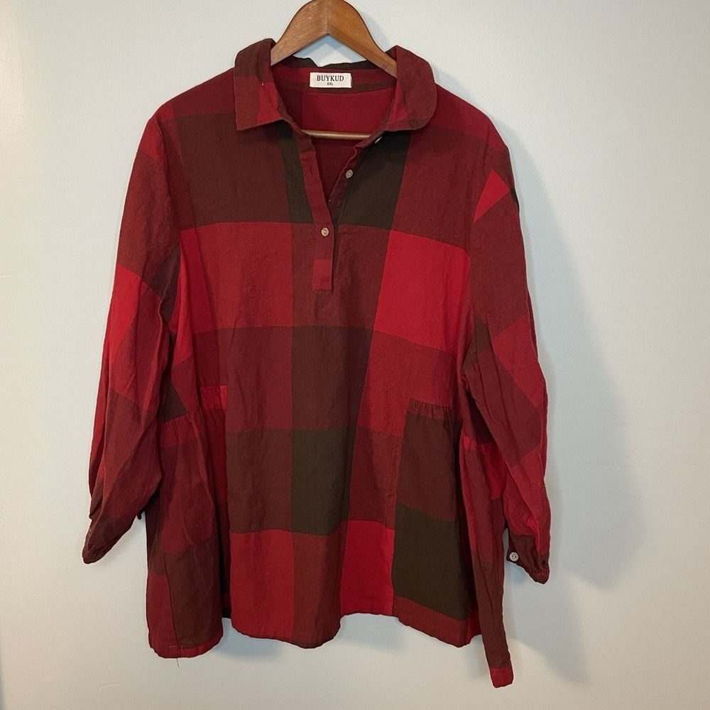 Buykud Women's‎ XXL Long Sleeve Linen Blend Red Plaid Quiet Luxury